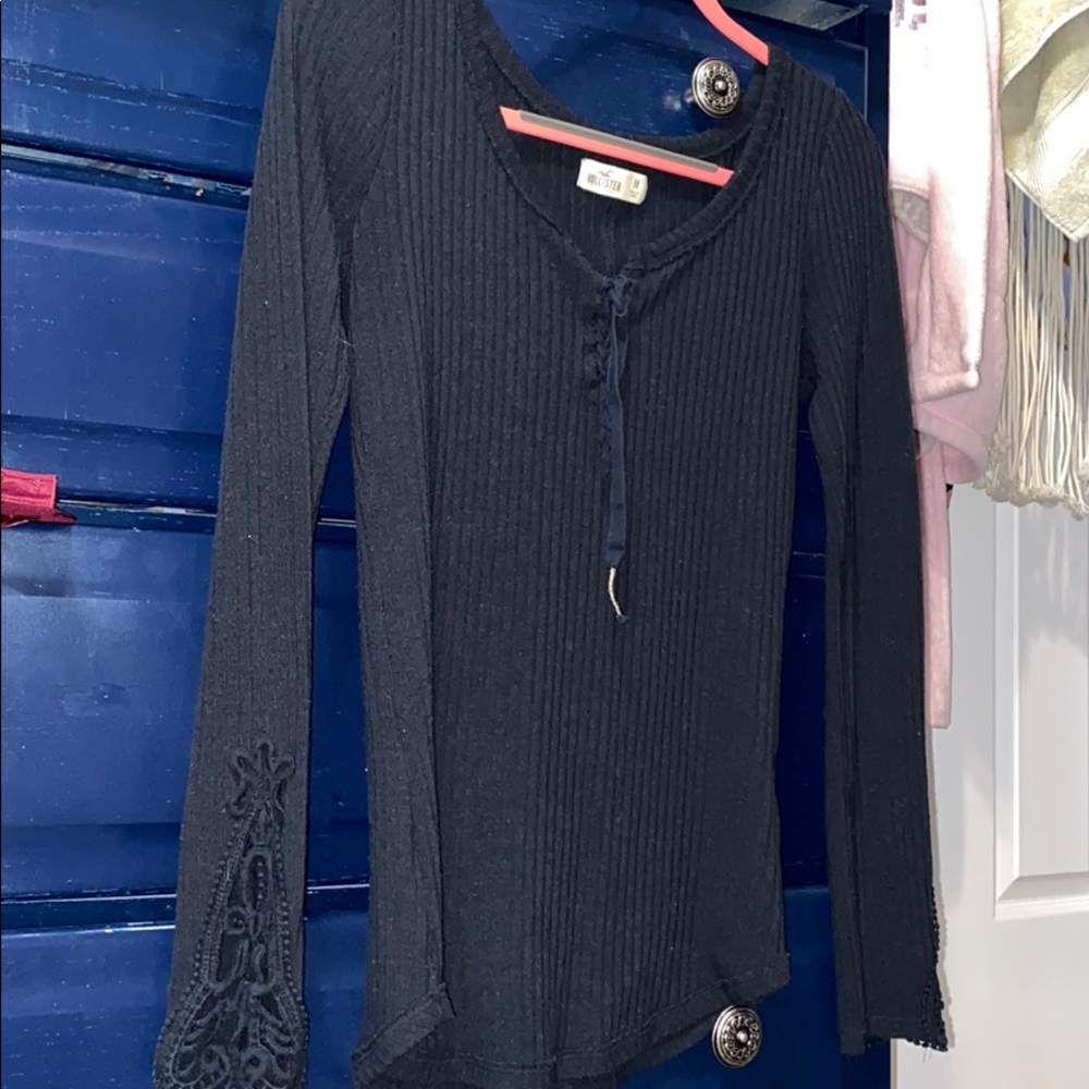 Black lace-sleeve Henley with tie-front